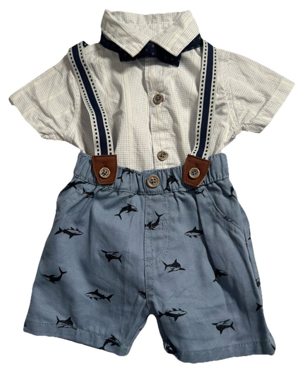 Little Lad Baby Boys Shark Suspender Romper Outfit Blue White Size 6-9M